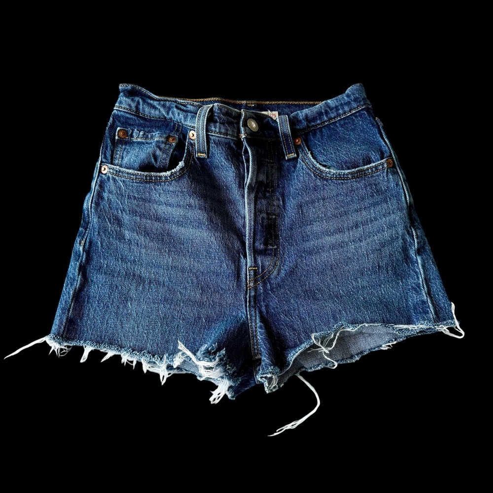 Levis 501 Original High Rise Denim Shorts Medium Wash Blue Cut Off 23.5W